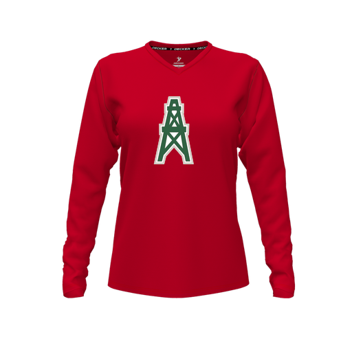 [CUS-DFW-TEES-CMF-VNK-LSL-RED-FYXS-LOGO1] Decker Comfort T-Shirt (Female Youth XS, Red, V Neck, Logo 1, Long Sleeve)